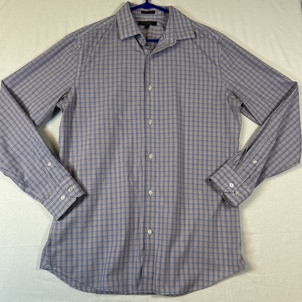 Banana Republic Long Sleeve Men's Shirt Button Down Large Blue Plaid Grant Fit